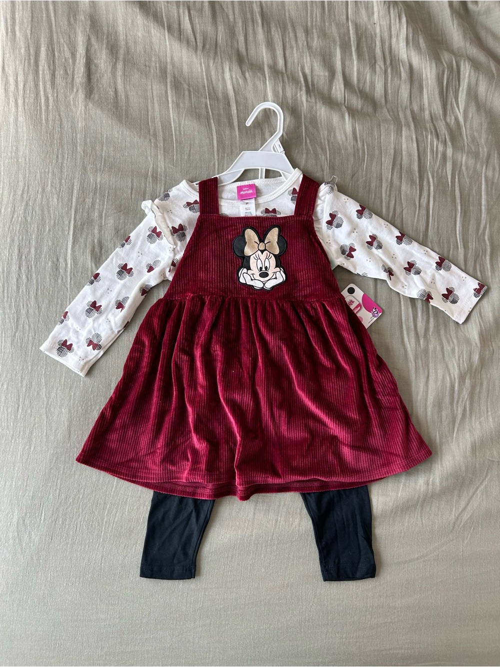 Disney 2T Burgundy Minnie Pinafore Dress with Bow long sleeve and Black Leggings